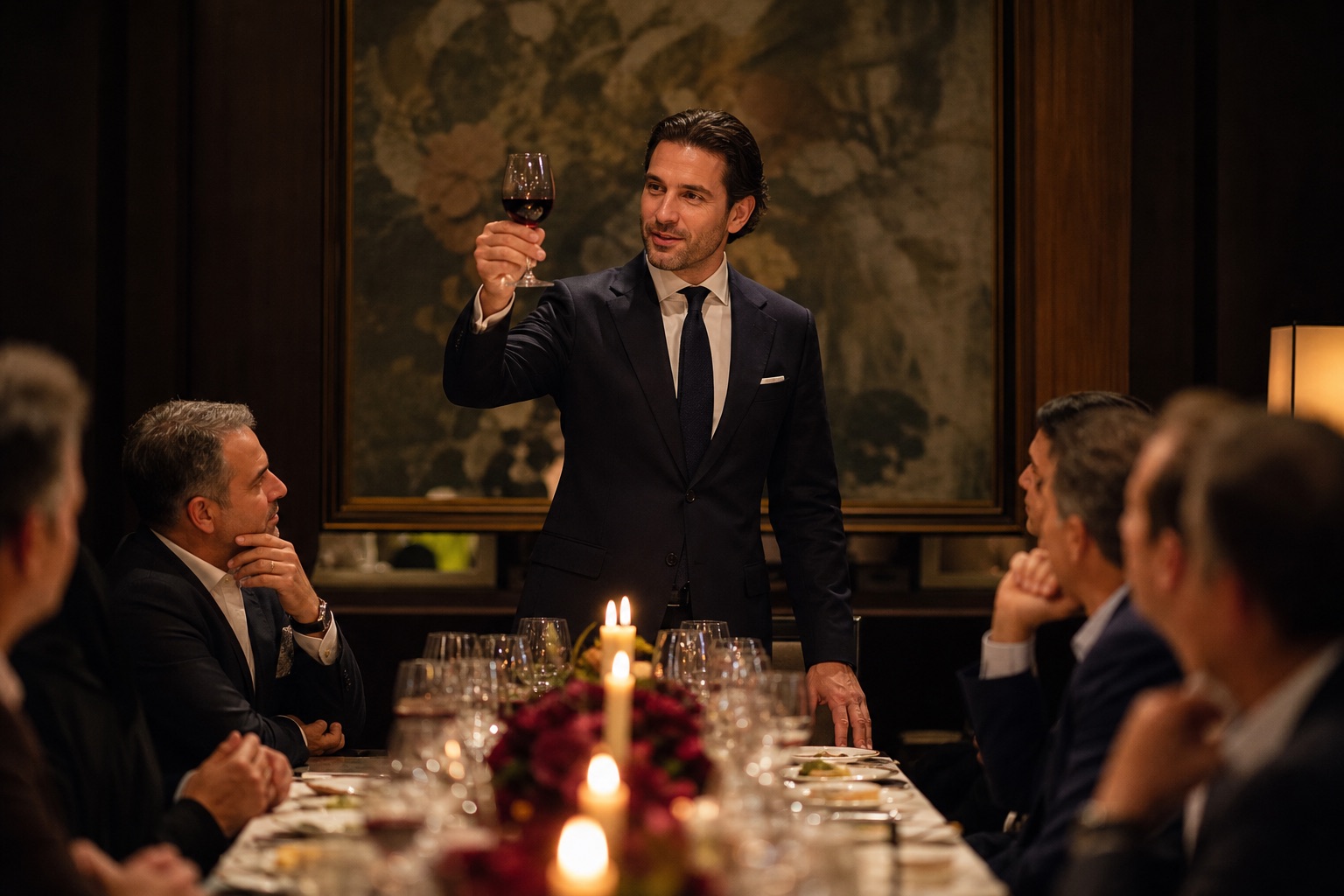 A tastemaker giving a toast at a private dinner