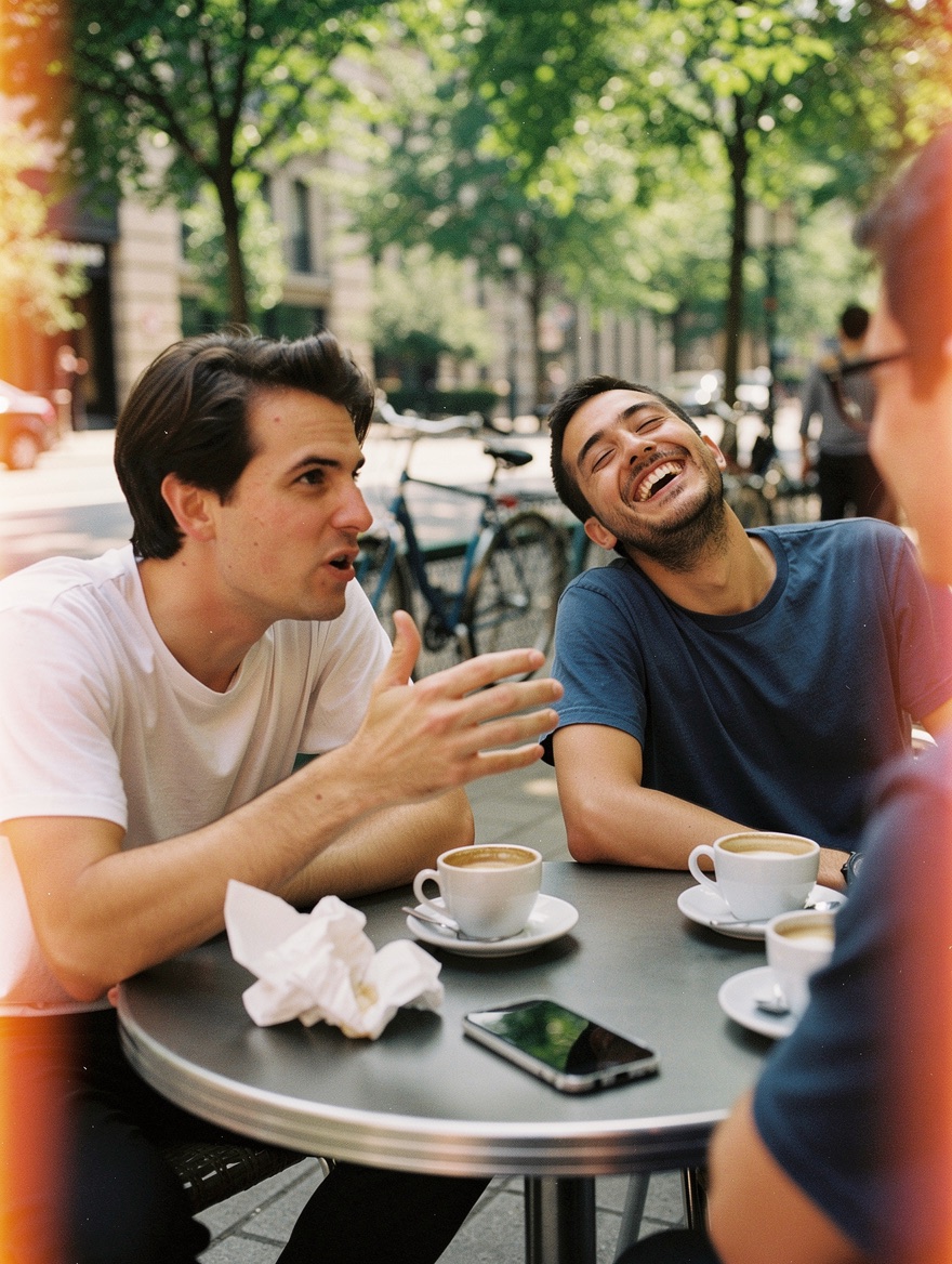 Two friends laughing together at a street café