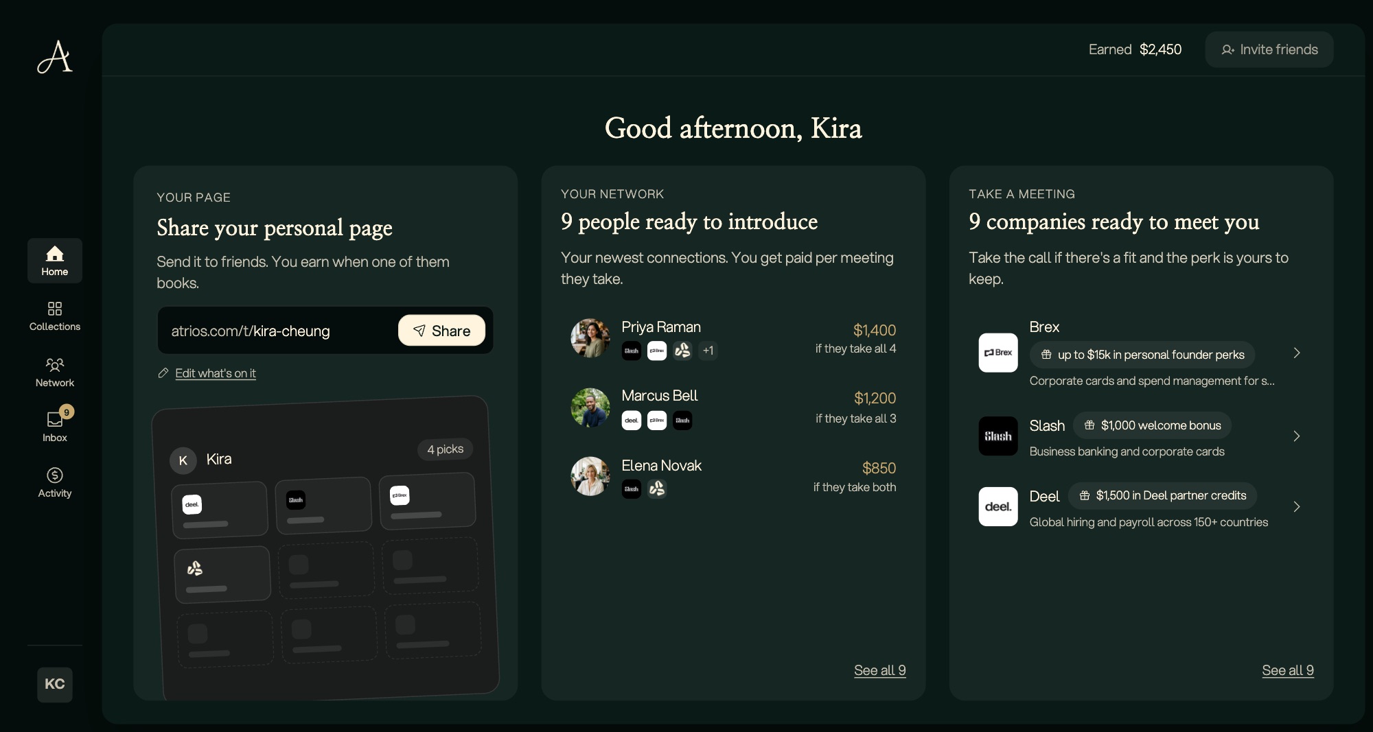 Atrios Home: a shareable personal page, friends ready to introduce, and companies like Brex, Slash and Deel ready to meet