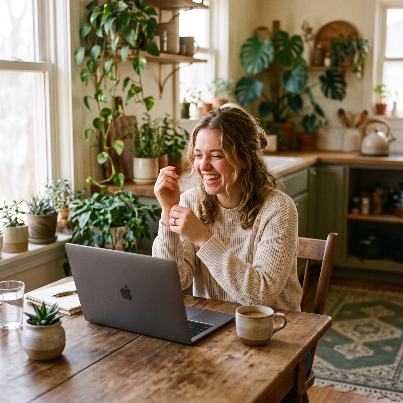 A woman laughing at her laptop in a sunlit kitchen full of plants